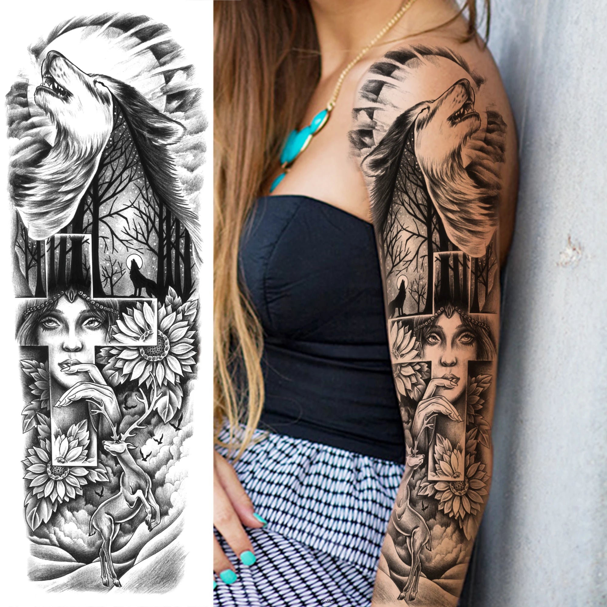 1 Sheet Full Arm Compass Zeus Skull Tiger Lion Flower Temporary Tattoos Sleeve For Men Women Adults Fake Temp Sticker Tattoo