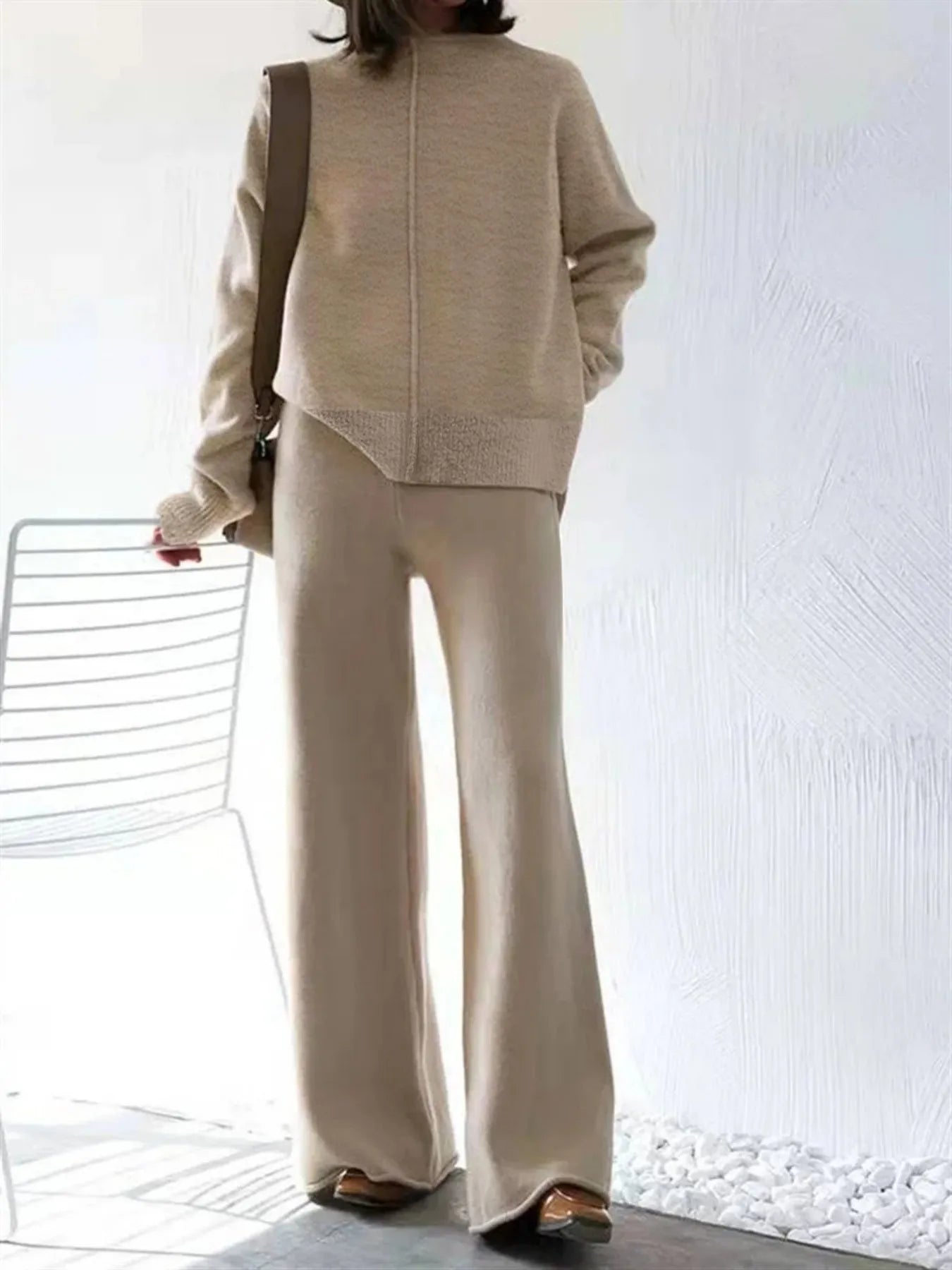 Women's Beige Oversized Knit Two-Piece Set with Half-Zip Sweater And Wide-Leg Pants Casual Loungewear Secondary image