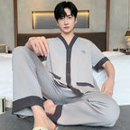 Men's Japanese Kimono Casual Fashion Solid Color Cardigan Loose Summer Short-Sleeved Pajamas with long pants Home Comfort Wear