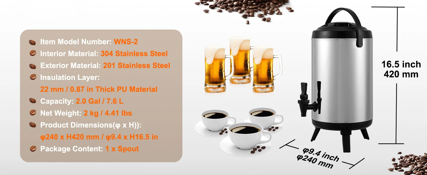 SucceBuy  Stainless Steel Insulated Beverage Dispenser 2 Gallon 7.6 Liter Thermal Hot and Cold Drink Server Dispenser