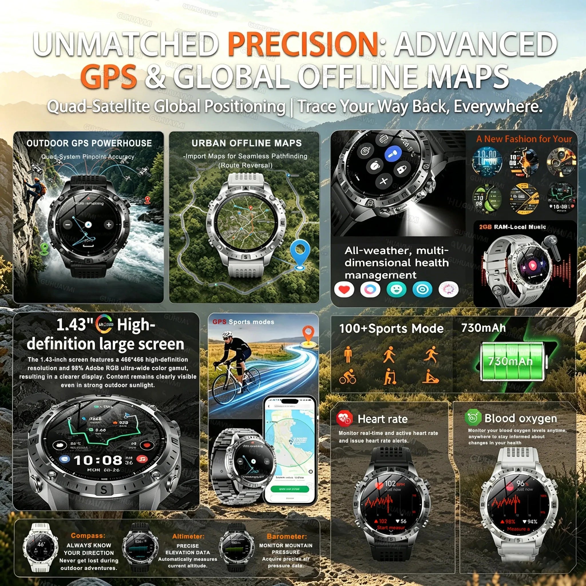 GPS Smart Watch for Men 2G ROM GPS Offline Maps Waterproof Swim Hiking Fitness Tracker Sleep SpO2 Rugged Durable Smartwatch GPS Secondary image