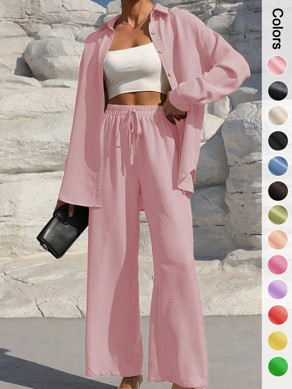 Women's Solid Button Front Shirt & Tie Front Wide Leg Pants Two-piece Set, Casual Drop Shoulder Long Sleeve Blouse Top & Trouser Main image