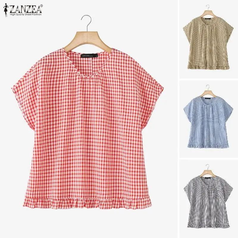 Women Summer Plaid Checked Blouse ZANZEA 2026 Fashion O Neck Short Sleeve Tops Casual Loose Holiday Shirt Elegant Work Blusas Main image