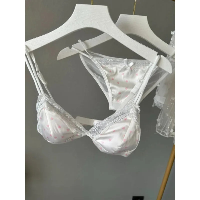 French Style Sweet Triangle Cup Lingerie Set Women Satin Lace Wireless Small Bust Gathered Thin Fabric Sexy Soft Underwear S-XL Secondary image