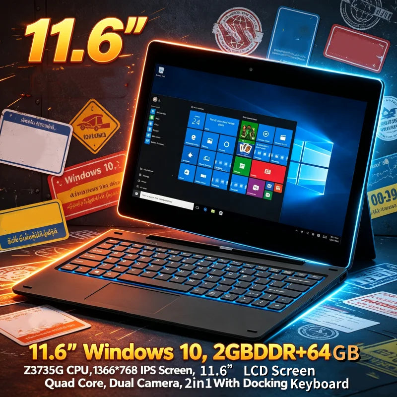 11.6'' Windows 10 Tablet PC 2GBDDR+64GB  Z3735G CPU 1366*768 IPS Screen Quad Core G12 Dual Camera 2 in1 With Docking Keyboard Secondary image