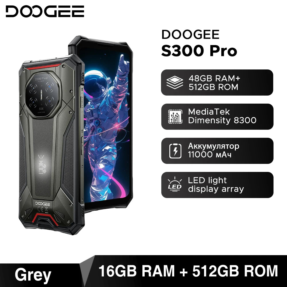 World Premiere DOOGEE S300 Pro Rugged Phone 48GB+512GB Dimensity 8300 6.78" FHD+ 11000mAh Battery 66W 200MP Camera Android 16