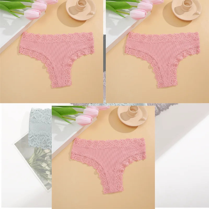 FINETOO 3Pcs Women Cotton Underwear Panties Sexy Lace Brazilian Briefs Low Waist Floral Solid Color G-string Breathable Lingerie