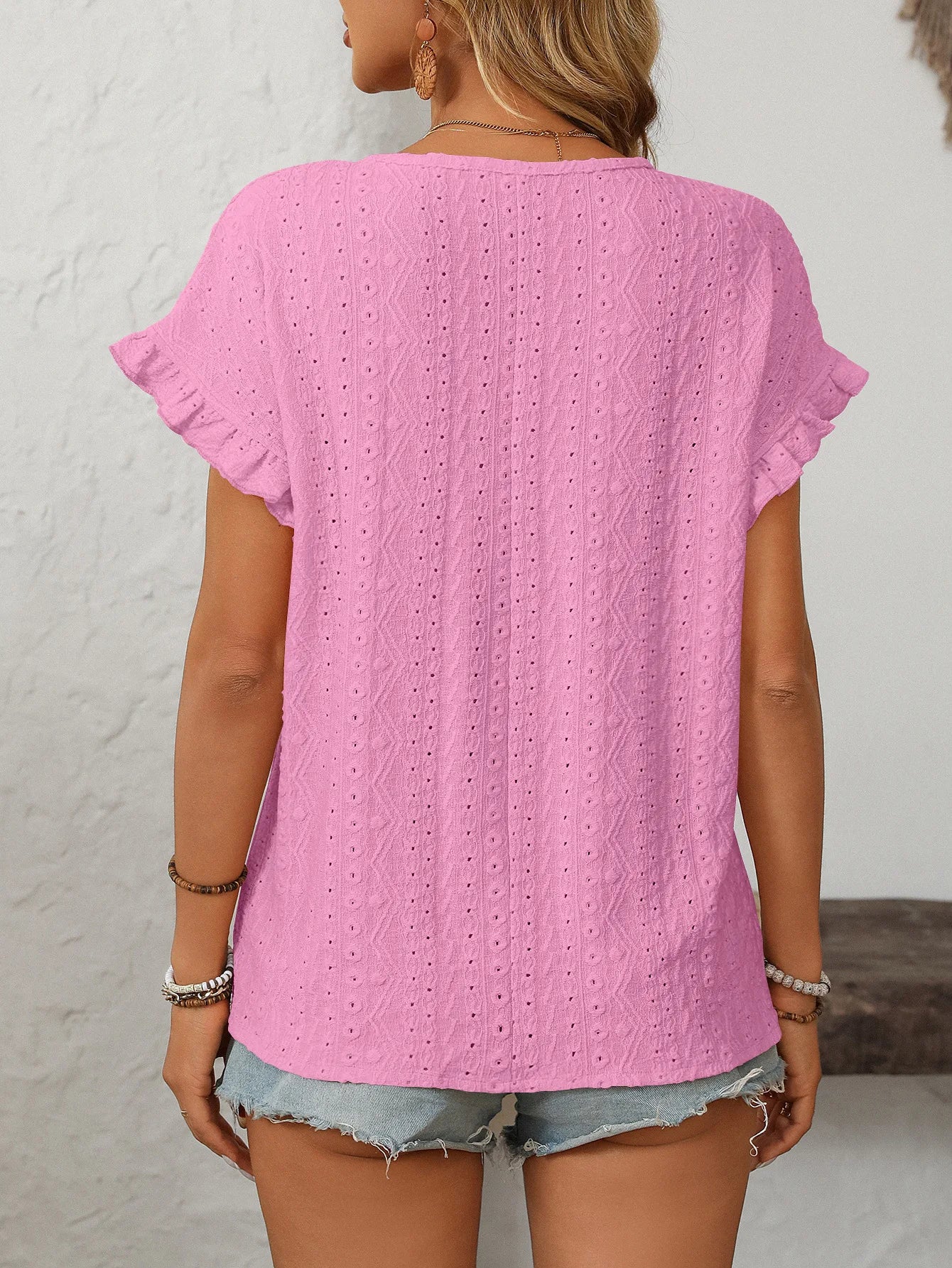 Solid Casual Loose Blouses For Women Fashion 2025 Summer Women's Hollow Short Sleeve Shirts And Blouses Elegant Female Blue Tops
