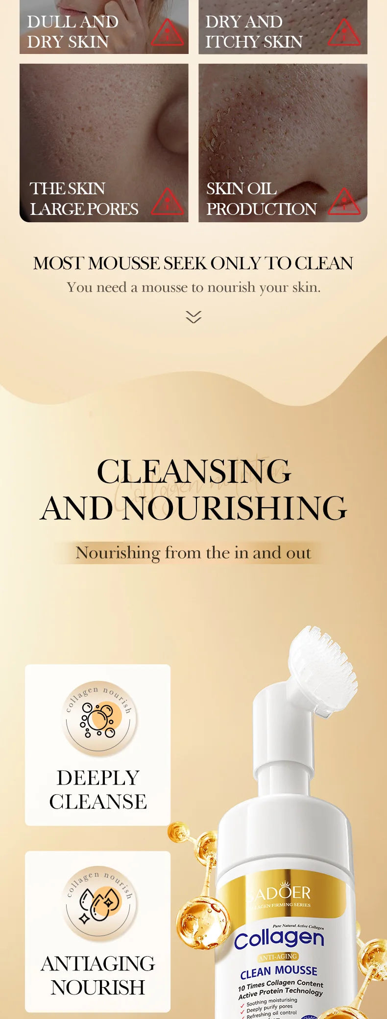 SADOER Collagen Facial Cleanser Mousse Deep Cleansing Skincare Moisturizing Firming Face Wash Foam Cleanser Skin Care Products