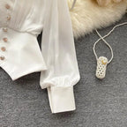 White Casual Polo-Neck Pullover Buttons Puff Sleeve Straight Women's Blouse Short Shirt Female Clothing Tops 2024 Fashion