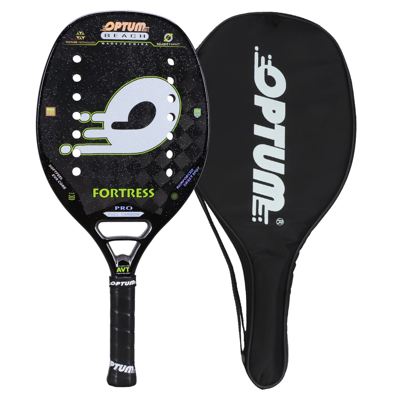 OPTUM FORTRESS 18K Carbon Fiber Rough Surface 14 Holes Beach Tennis Racket With Cover Bag