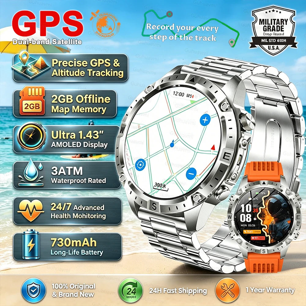 GPS Sports Smartwatch Men Women Swim Waterproof Fitness Tracker 2GB Memory Offline Maps  SpO2 Rugged Outdoor Smartwatch for Men Main image