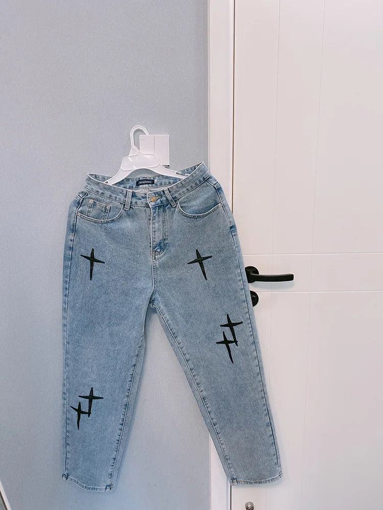 Prints Jeans Men 2023 New Streetwear Baggy Wide Leg Jeans Korean Fashion Drapes Straight Casual Loose Denim Cargo Pants