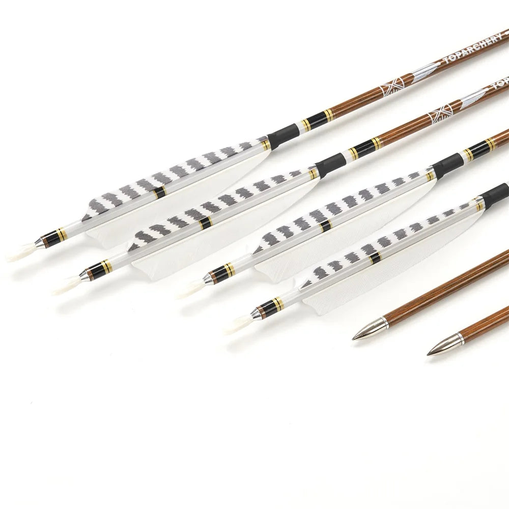 6/12/24pcs 32Inch Archery 100%Pure Carbon Arrows ID 6.2mm Wooden Shaft with 5'' Natural Feathers for Hunting Shooting