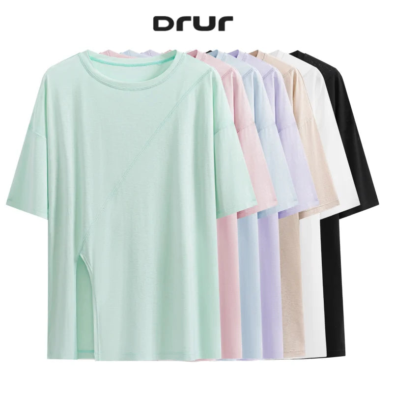 DRUR Women Thin Summer Yoga Shirts Loose Fit Breathable Workout Tops with Side Slits Lightweight Running Sport Tee Athletic Wear
