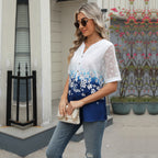 Summer Shirts Women Lace Patchwork Short Sleeve Blouse Flower Print Clothing Fashion Street Casual Daily V-Neck Button Tops 2025