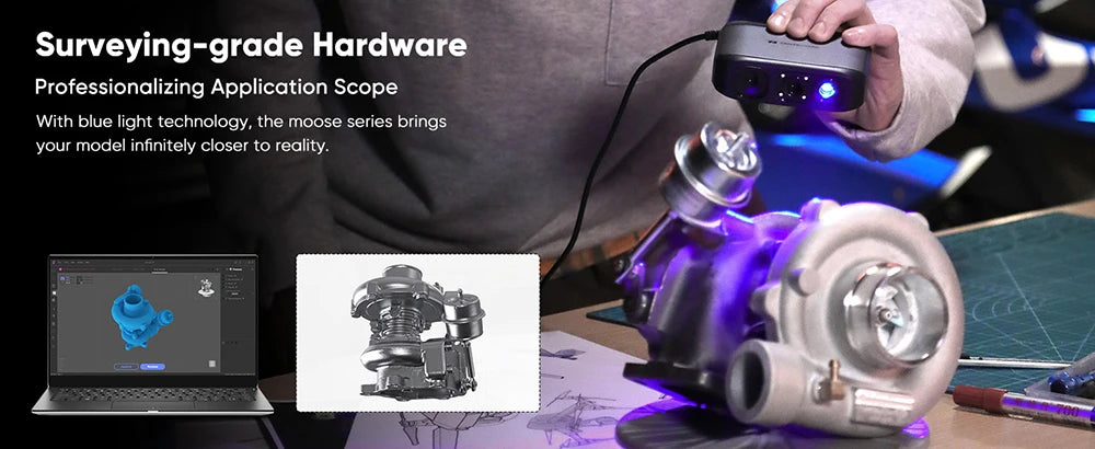 3DMakerpro Moose 3D Scanner, 0.03mm Accuracy, 0.07mm Resolution, Blue LED Light Source, Al Visual Tracking, 24-bit Color Camera
