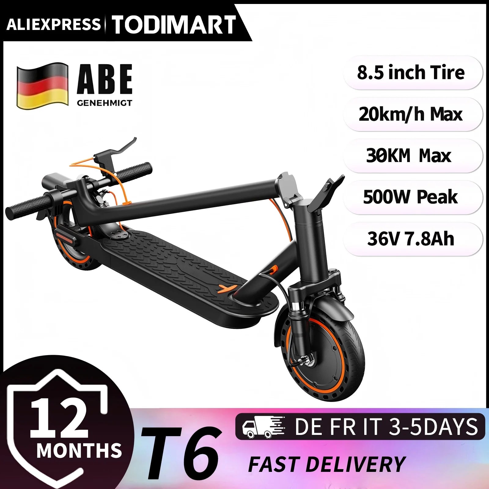 TODIMART T6 ABE e-scooter with road approval, 30 km, 350W, inch tires, Dual shock absorbers, e-scooter for adults