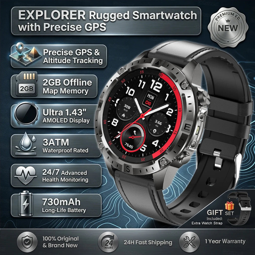 GPS Sports Smartwatch Men Women Swim Waterproof Fitness Tracker 2GB Memory Offline Maps  SpO2 Rugged Outdoor Smartwatch for Men