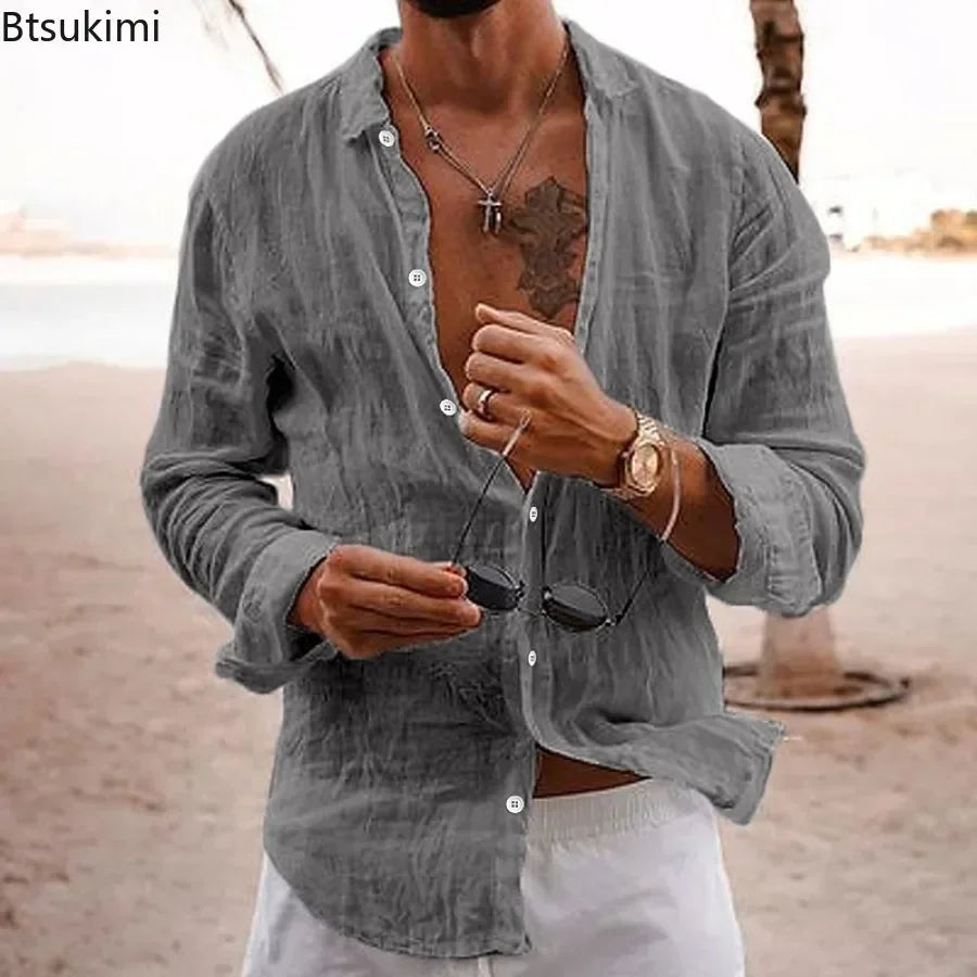 2026 Men's Cotton Linen Shirts Top Simple Laple Solid  Man Shirts Tops Comfortable Loose Casual Holiday Shirts for Men Blouses Secondary image