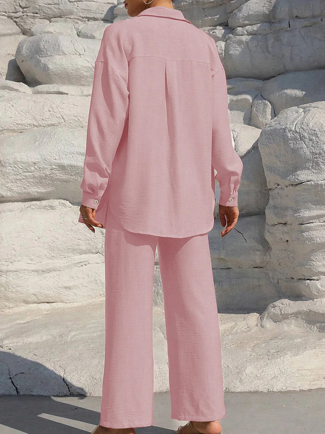 Women's Solid Button Front Shirt & Tie Front Wide Leg Pants Two-piece Set, Casual Drop Shoulder Long Sleeve Blouse Top & Trouser Secondary image