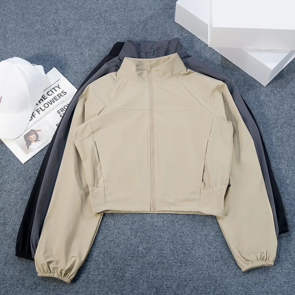 Yoga Wear American Style Sports Windproof Stand Collar Sun Protection Jacket Breathable Top Outdoor Quick-Dry Short Zipper Women Main image