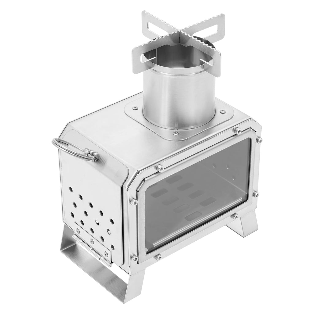 Portable Camping Wood Stove, Mini Stainless Steel Fire Pit for Outdoor Cooking, Hiking, BBQ, with Glass Window & Airflow Vents