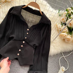 White Casual Polo-Neck Pullover Buttons Puff Sleeve Straight Women's Blouse Short Shirt Female Clothing Tops 2024 Fashion