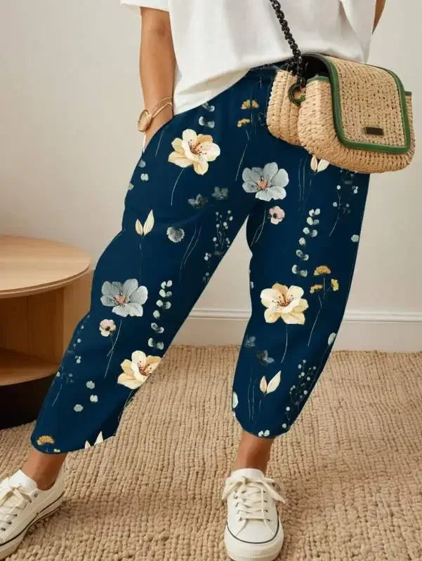 Plus Size 1XL-5XL Women's Fashion Floral Print Straight Elastic Drawstring Pocket Pants Ladise Casual Versatile Pants