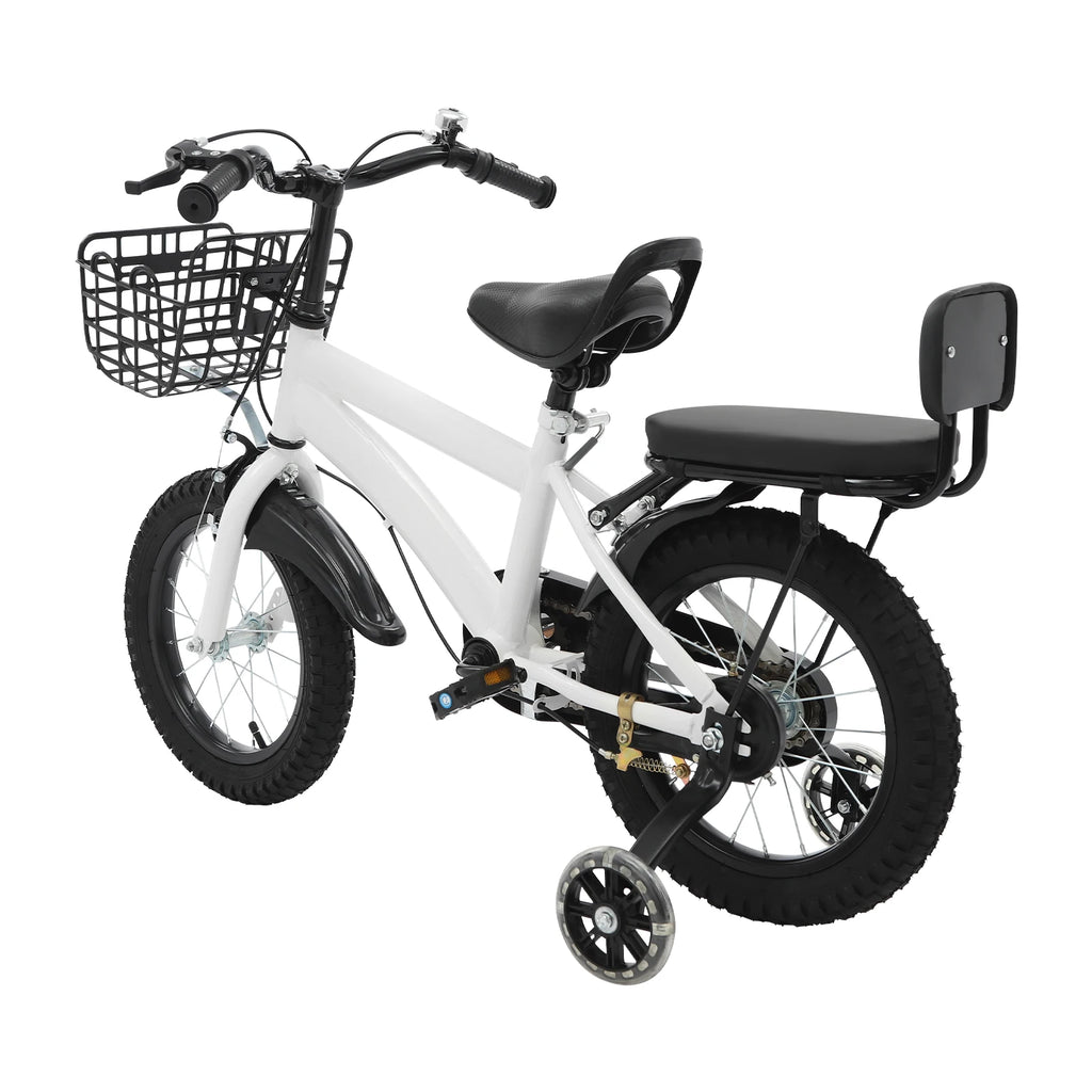 14" Kids Bike Adjustable Children's Bicycle Load 60kg w/Training Wheels+Basket+Backrest Rear Seat for 3-7 Year Old (White/Black)