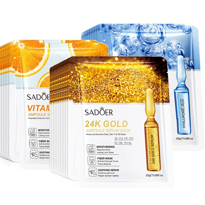 10pcs SADOER 24K Gold Vitamin C Hyaluronic Acid Face Mask Facial Moisturizing Firming Hydrating Facial Masks Skin Care Products