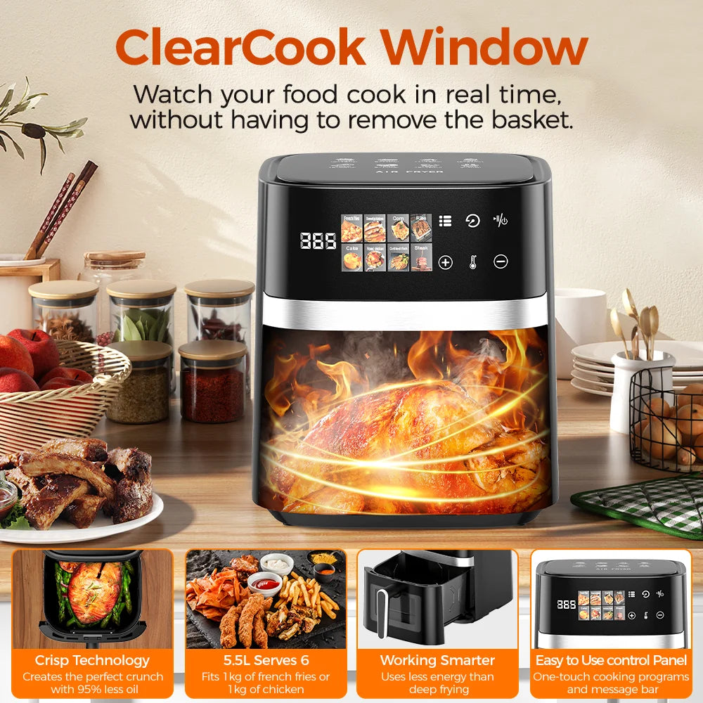 Patbrela 5.5L Air Fryer 8-in-1 Max 200°C Electric Hot fryer Oven Oilless Cooker with Touch Control & Nonstick Basket & Visible Window