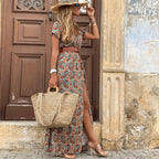 2024 Summer Bohemian Women's Long Dress V Neck Short Sleeve Floral Printed Beach Elegant Vintage Dress with Belt