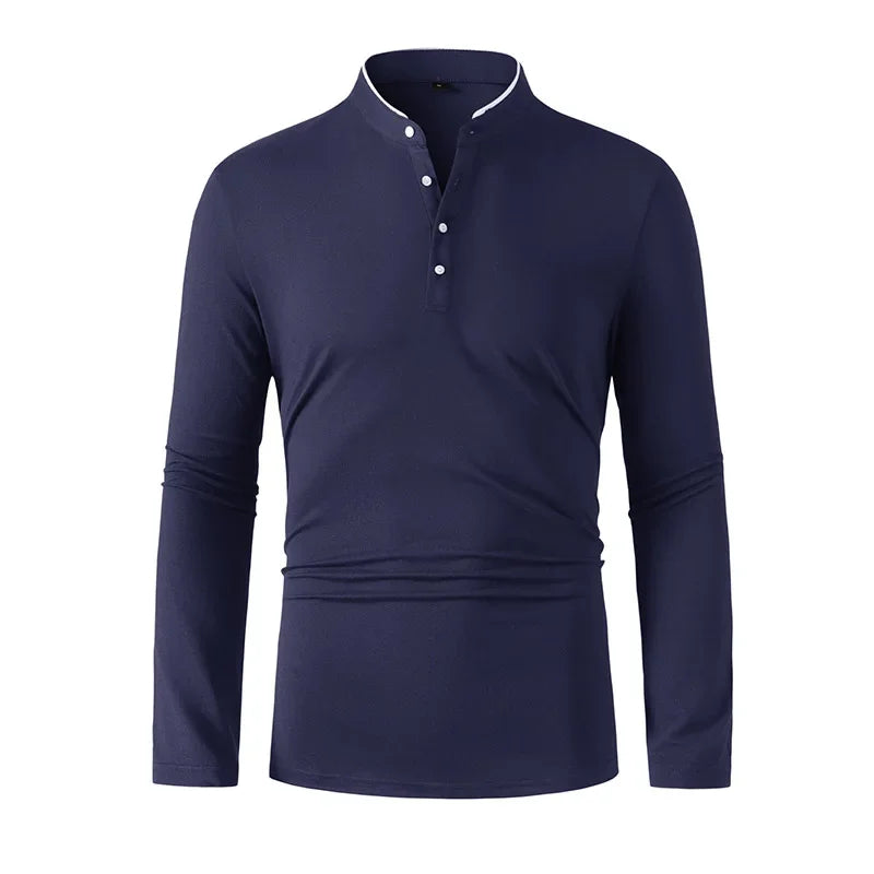 2025 New Men's Casual and Fashionable Solid Color Long Sleeved Stand Up Collar T-shirt Summer Versatile and Comfortable Top Secondary image