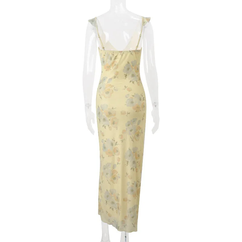 Cryptographic Summer Floral Print Plunge Maxi Dress Outfits Sexy Backless Fairy Sun Dresses Vacation Beachwear Vestido Coquette