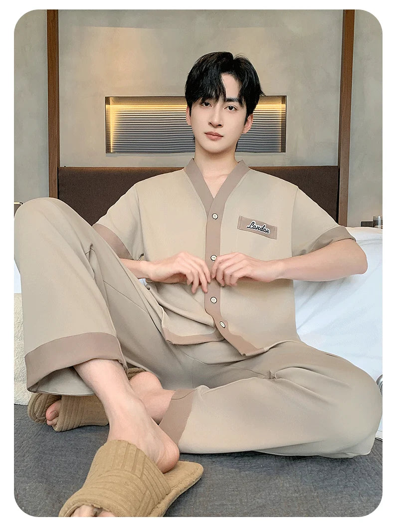 Men's Japanese Kimono Casual Fashion Solid Color Cardigan Loose Summer Short-Sleeved Pajamas with long pants Home Comfort Wear