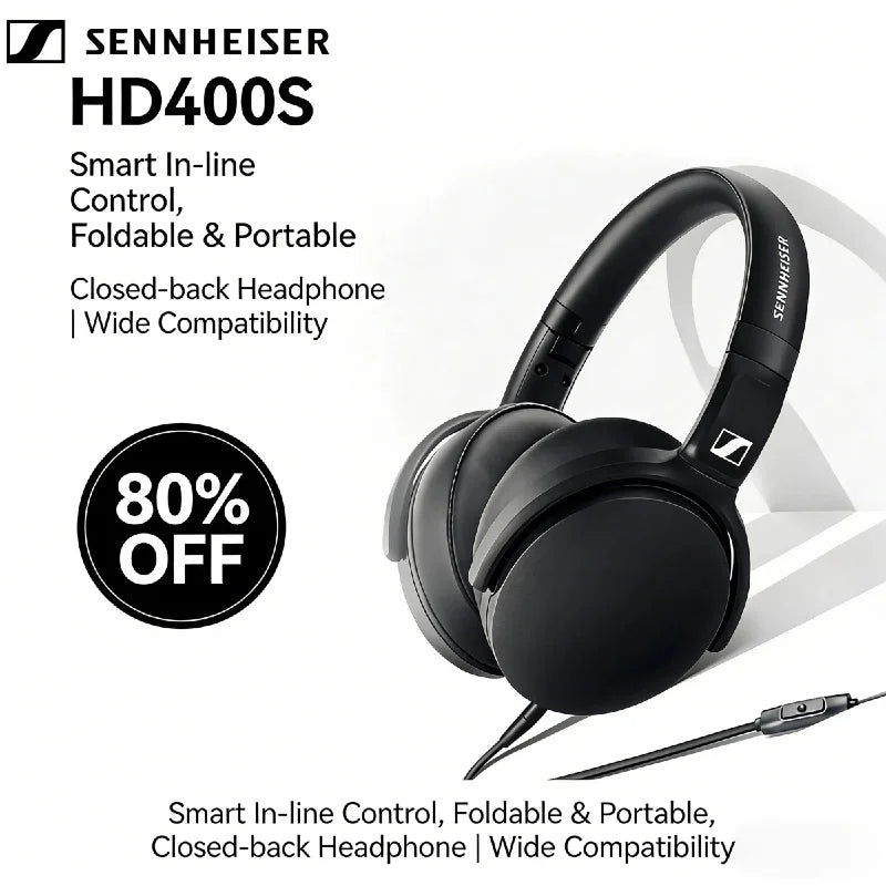 Sennheiser HD 400S Wired Headphones Over Ear HiFi Stereo Bass Noise Isolating Headset with Mic for Smartphone PC Laptop Music