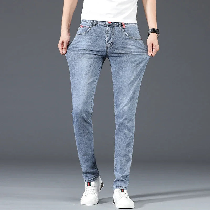 2024 New Men's Cotton Business Casual Skinny Jeans Trendy Fashionable Stretch Straight Slim Denim Trousers Male Blue Grey Secondary image