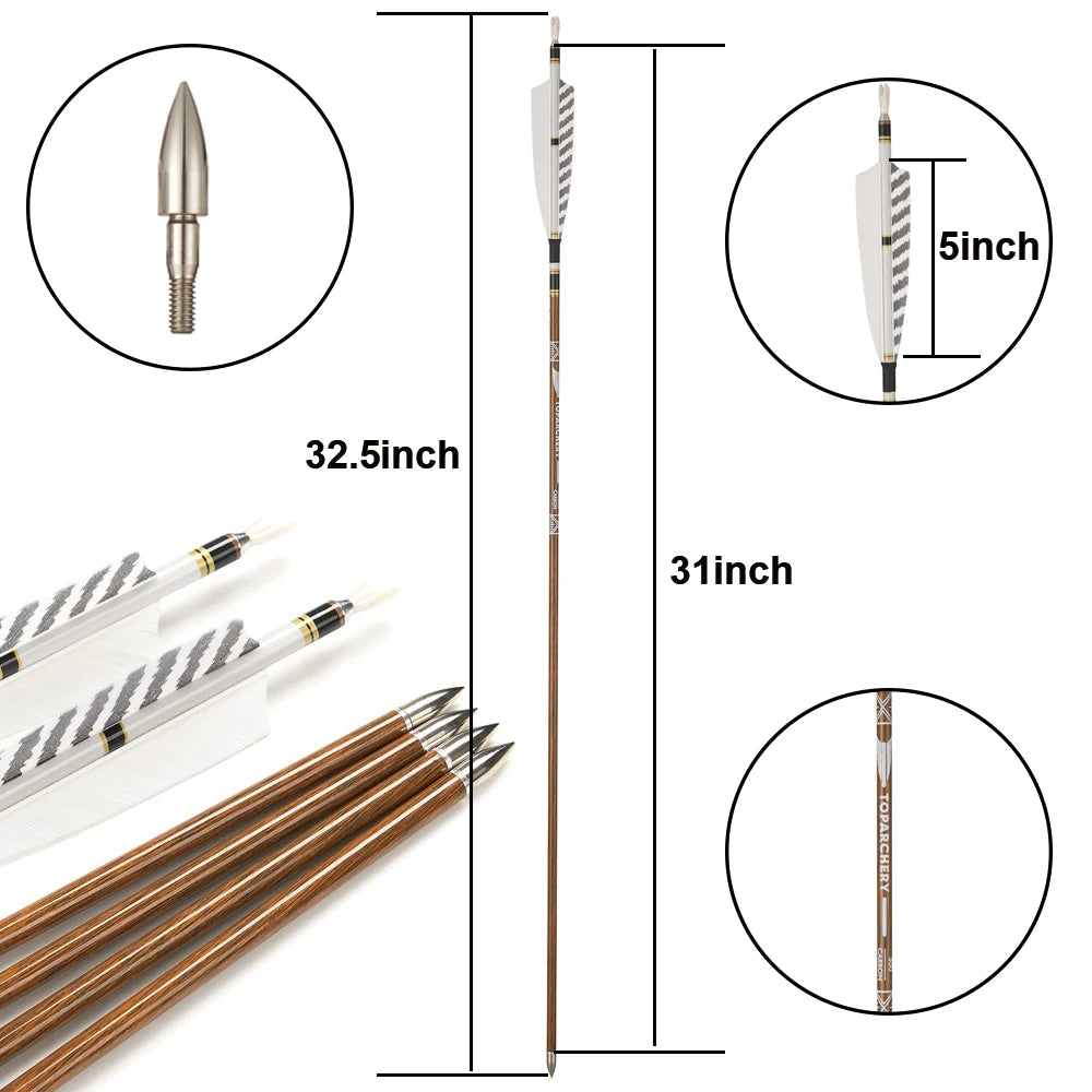 6/12/24pcs 32Inch Archery 100%Pure Carbon Arrows ID 6.2mm Wooden Shaft with 5'' Natural Feathers for Hunting Shooting