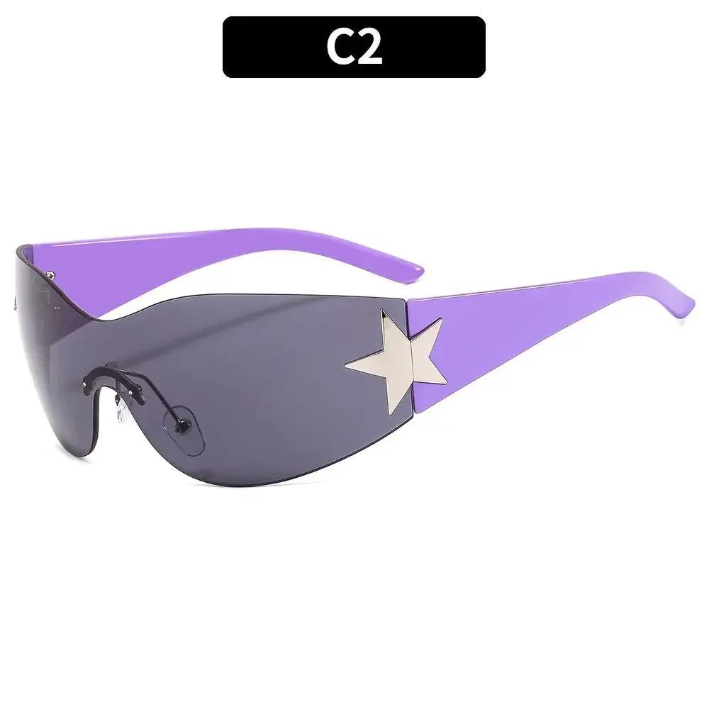 New Y2K Rimless Punk Sunglasses Goggle Women Men Luxury Brand Wrap Around Sun Glasses Five Star Eyewear Sports One Piece Shades