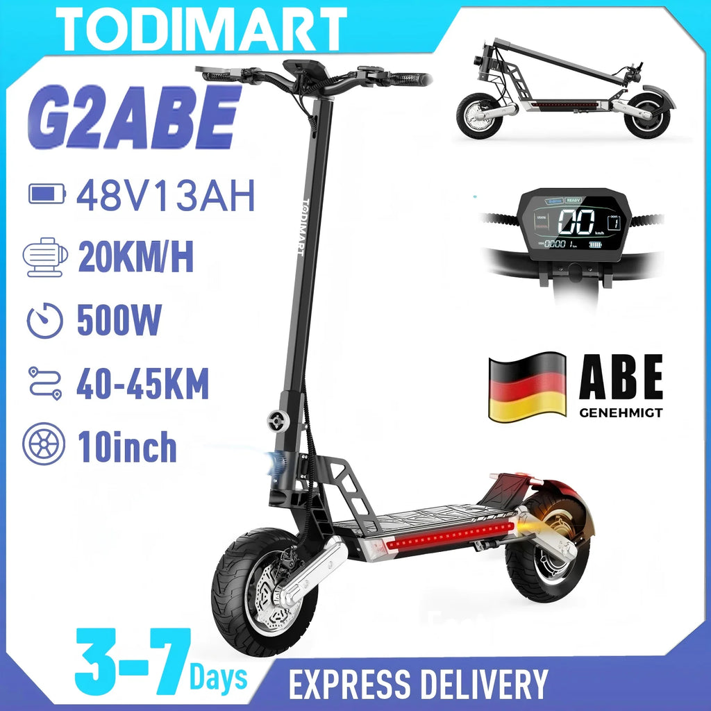 TODIMART G2 ABE E Scooter, 48V 13AH, 500W, 40-45KM range, 20km/h, Dual shock absorbers, dual disc brakes, 10-inch off-road tire