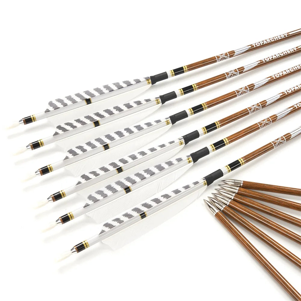 6/12/24pcs 32Inch Archery 100%Pure Carbon Arrows ID 6.2mm Wooden Shaft with 5'' Natural Feathers for Hunting Shooting