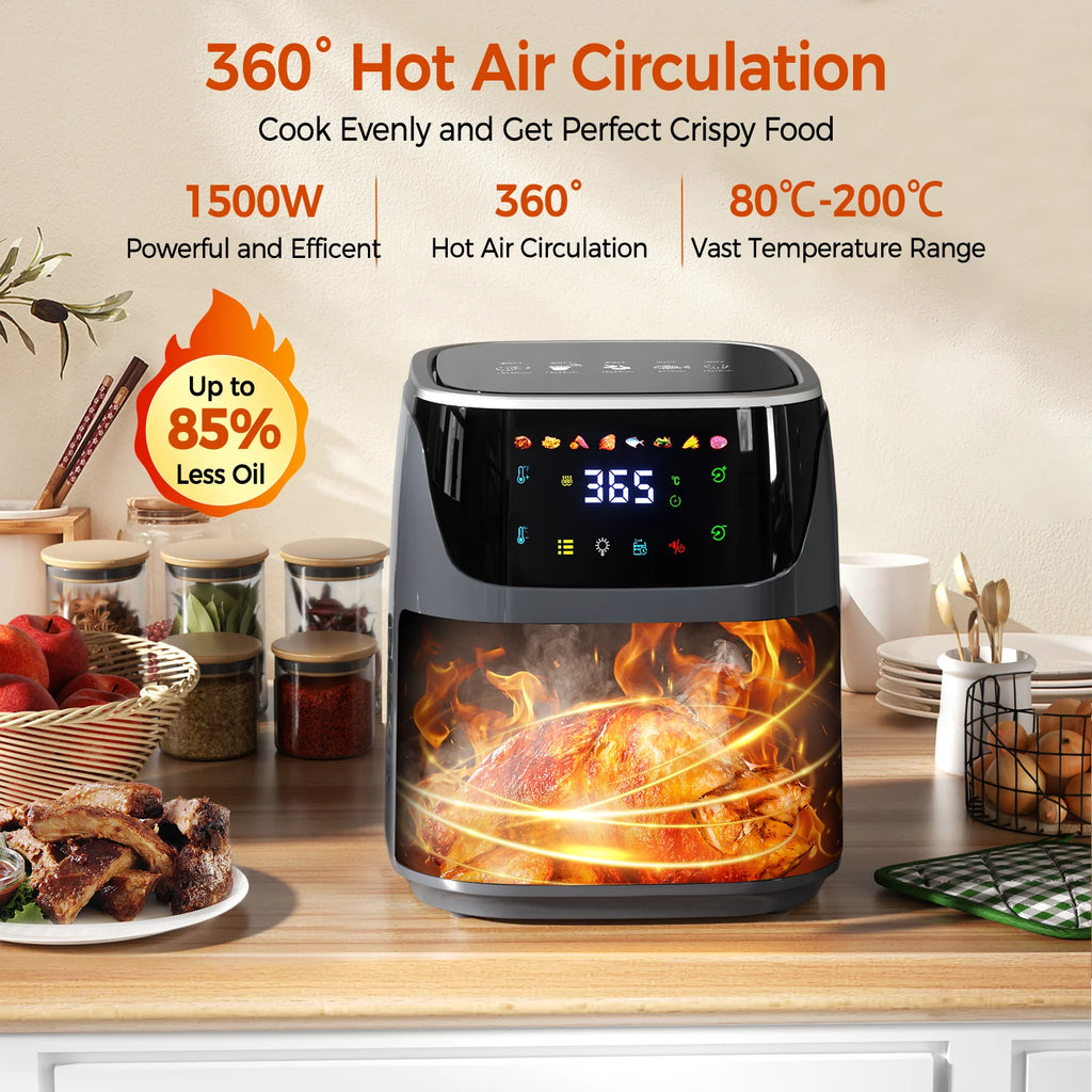 Patbrela Visible Air Fryer 7.0L 8-in-1 Max 200°C Electric Hot Fryer Oven Oilless Cooker with Touch Screen Nonstick Basket Family Size