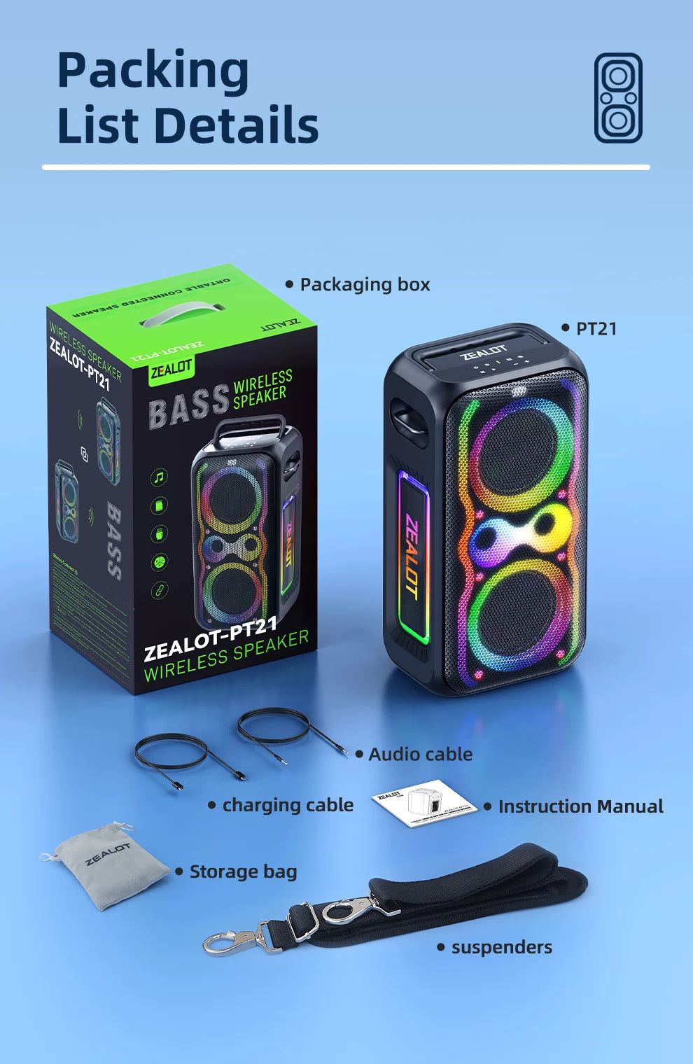 ZEALOT-PT21 200W Wireless Bluetooth Speaker , Portable Outdoor Speakers Loud with Bass Boost, Stereo Pairing, Reverse Charging,