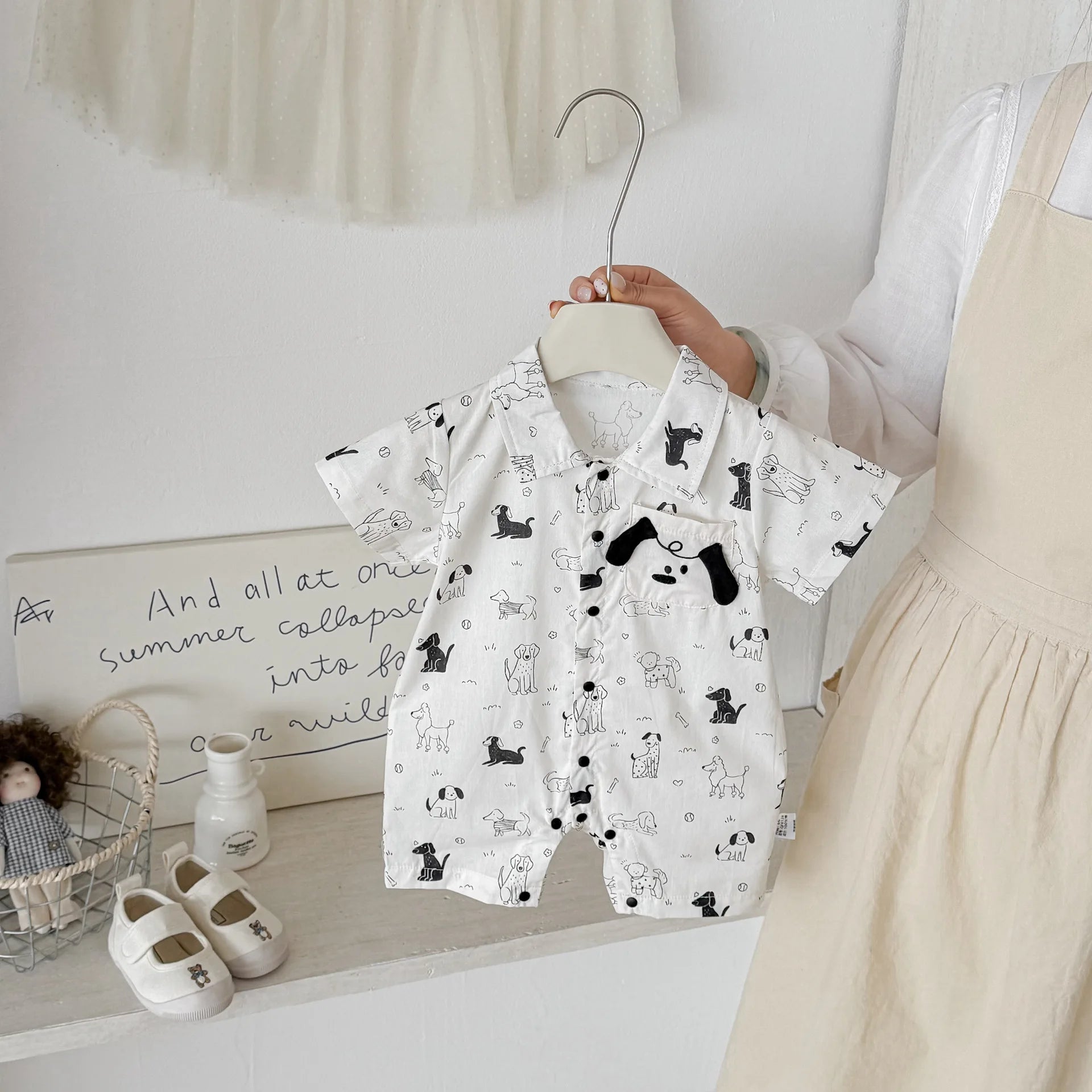 0-2Y Summer Baby Boy Clothes Full Of Dog Print Single Breasted Toddler Rompers Short Sleeve Cute Baby Boy Outfit