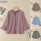 ZANZEA Women Summer Plaid Patchwork Blouse 3/4 Flare Sleeve Cut Out Tops Casual Loose Shirt Retro Chemise Female Work Blusas