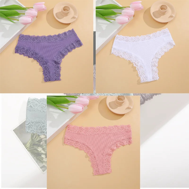 FINETOO 3Pcs Women Cotton Underwear Panties Sexy Lace Brazilian Briefs Low Waist Floral Solid Color G-string Breathable Lingerie