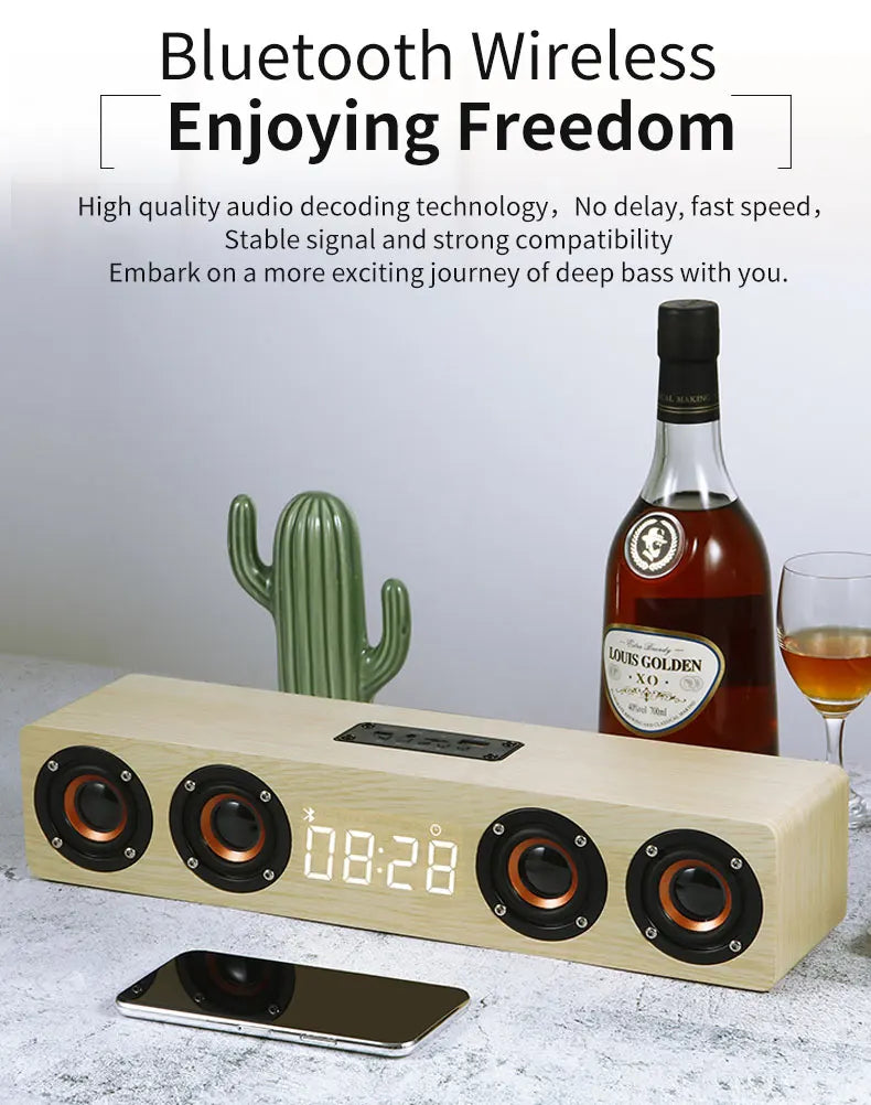 Domars Wireless Bluetooth 5.0 Speakers Wooden Alarm Clock Display Sound System Player with AUX TF FM Radio Subwoofer Box