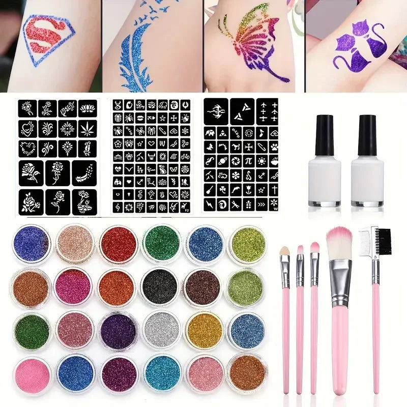 Glitter Temporary Tattoo Set 24 Colors with 2 Bottles of Glue,3 Sheets of Stencil Paper for Stage Performances,Christmas Parties Main image