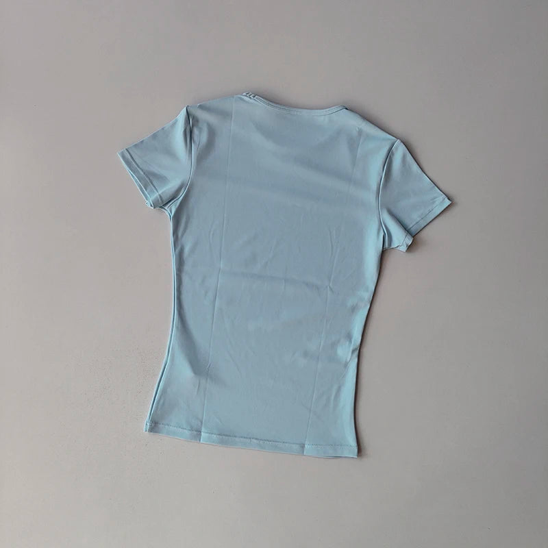 Nude-sensing Solid Color Yoga Clothes for Short-sleeved Women's Quick-drying Elastic Tight T-shirt Fitness Clothes Top Clothing